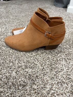 Old Navy Camel Brown Suede Ankle Booties with Buckle Strap